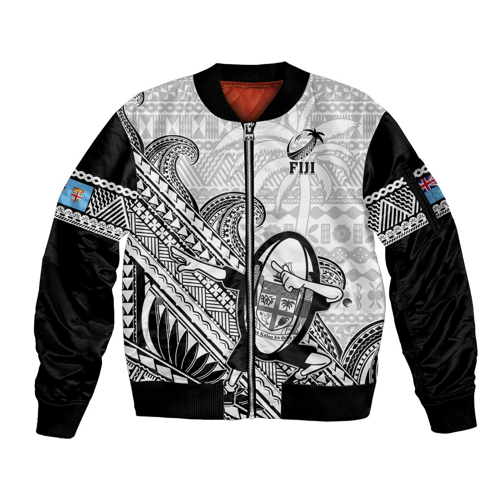Custom Fiji Tapa Rugby Sleeve Zip Bomber Jacket Flying Fijian 2023 World Cup With Dabbing Ball LT14 Unisex White - Polynesian Pride