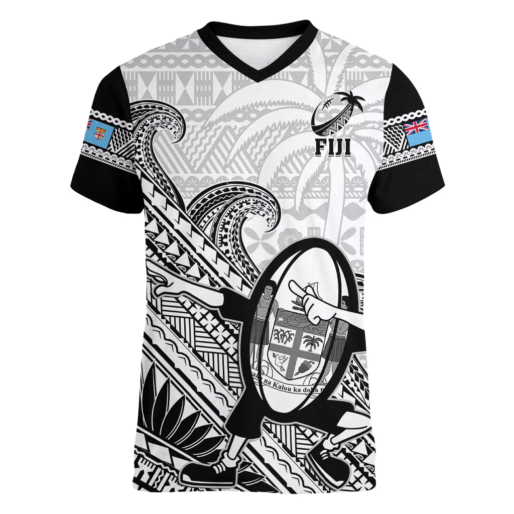 Custom Fiji Tapa Rugby Women V Neck T Shirt Flying Fijian 2023 World Cup With Dabbing Ball LT14 Female White - Polynesian Pride