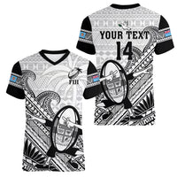 Custom Fiji Tapa Rugby Women V Neck T Shirt Flying Fijian 2023 World Cup With Dabbing Ball LT14 - Polynesian Pride