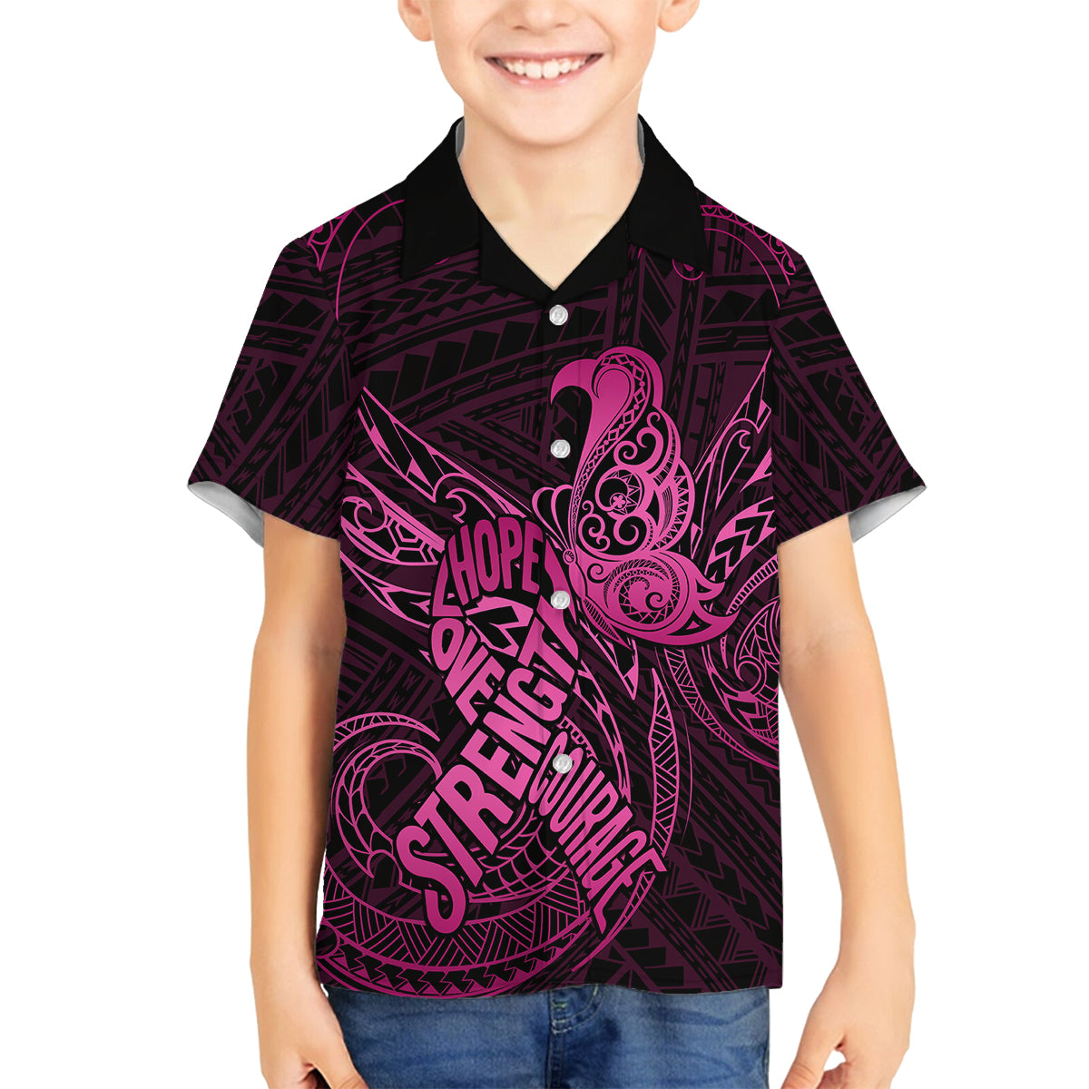 Polynesia Breast Cancer Awareness Family Matching Puletasi Dress and Hawaiian Shirt No One Fights Alone Pink Ribbon With Butterfly LT14 Son's Shirt Pink - Polynesian Pride