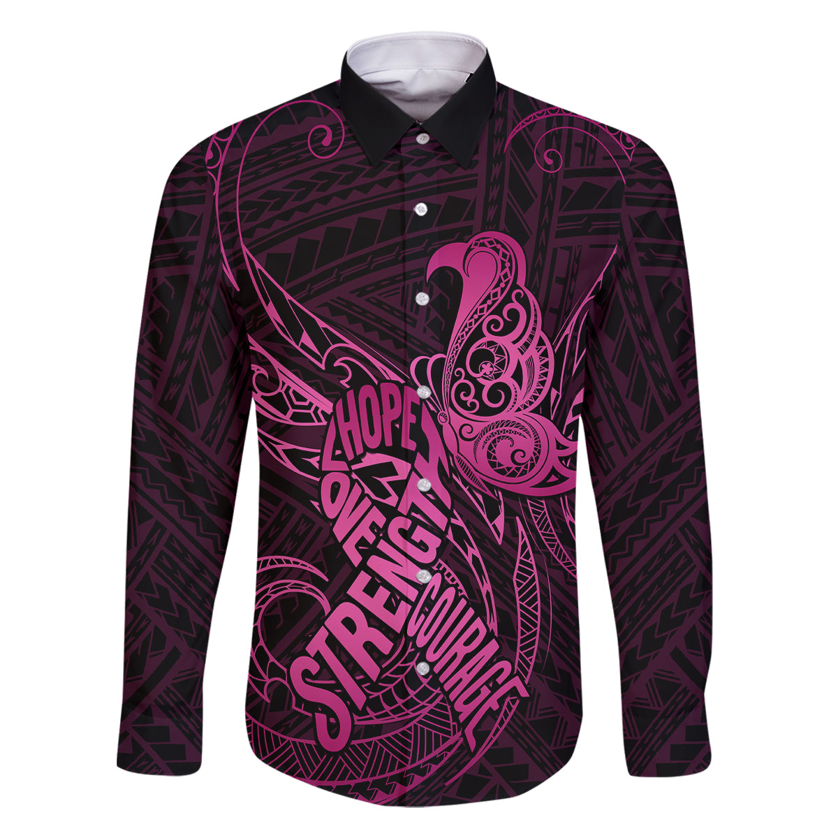 Polynesia Breast Cancer Awareness Family Matching Summer Maxi Dress and Hawaiian Shirt No One Fights Alone Pink Ribbon With Butterfly LT14 Dad's Shirt - Long Sleeve Pink - Polynesian Pride