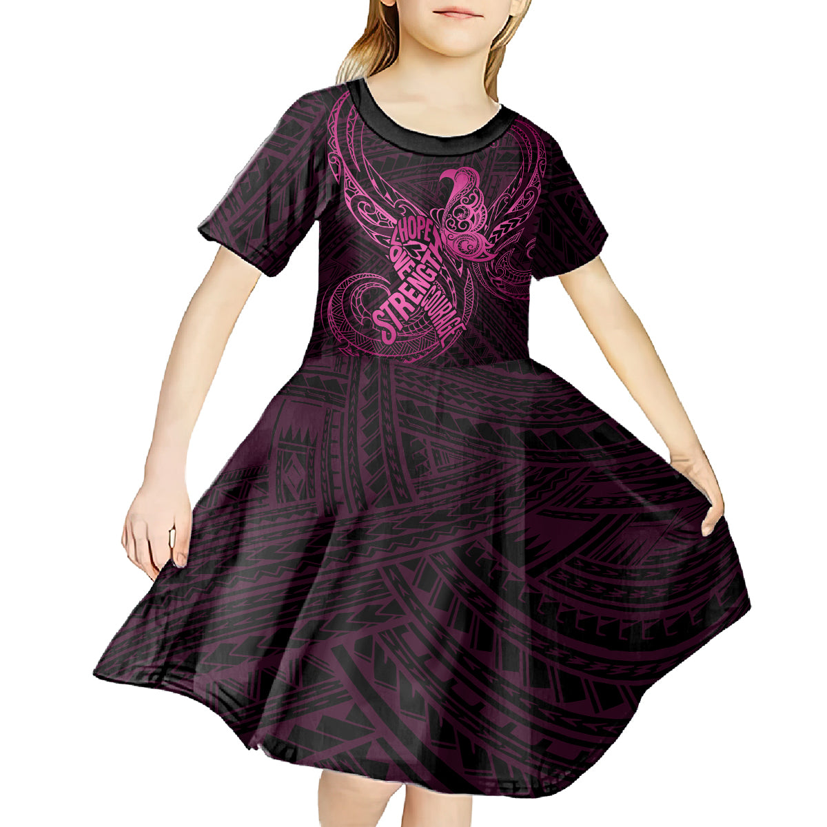 Polynesia Breast Cancer Awareness Kid Short Sleeve Dress No One Fights Alone Pink Ribbon With Butterfly LT14 - Polynesian Pride