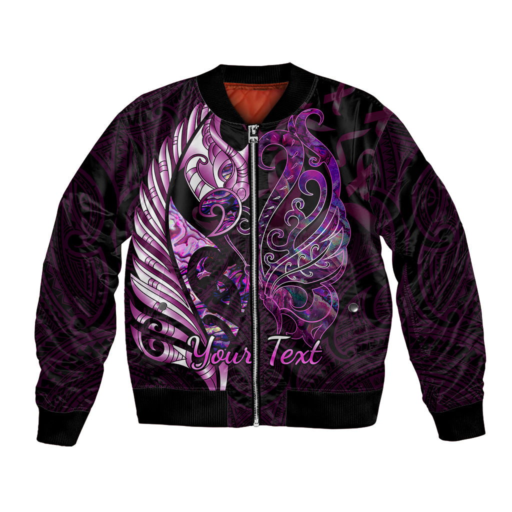 Personalised New Zealand Breast Cancer Bomber Jacket Fight Like A Girl Pink Manaia Fern With Paua Shell LT14 Unisex Pink - Polynesian Pride