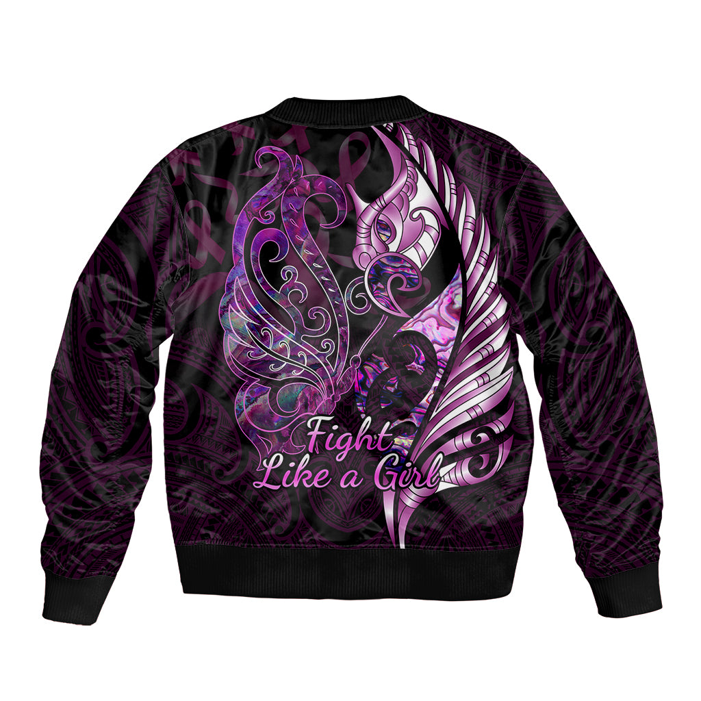 Personalised New Zealand Breast Cancer Bomber Jacket Fight Like A Girl Pink Manaia Fern With Paua Shell LT14 - Polynesian Pride