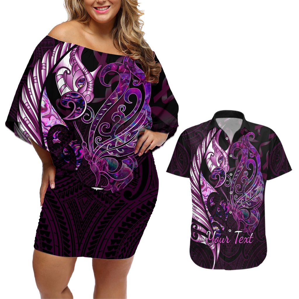 Personalised New Zealand Breast Cancer Couples Matching Off Shoulder Short Dress and Hawaiian Shirt Fight Like A Girl Pink Manaia Fern With Paua Shell LT14 Pink - Polynesian Pride