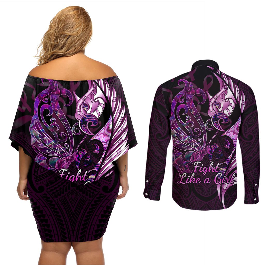 Personalised New Zealand Breast Cancer Couples Matching Off Shoulder Short Dress and Long Sleeve Button Shirts Fight Like A Girl Pink Manaia Fern With Paua Shell LT14 - Polynesian Pride
