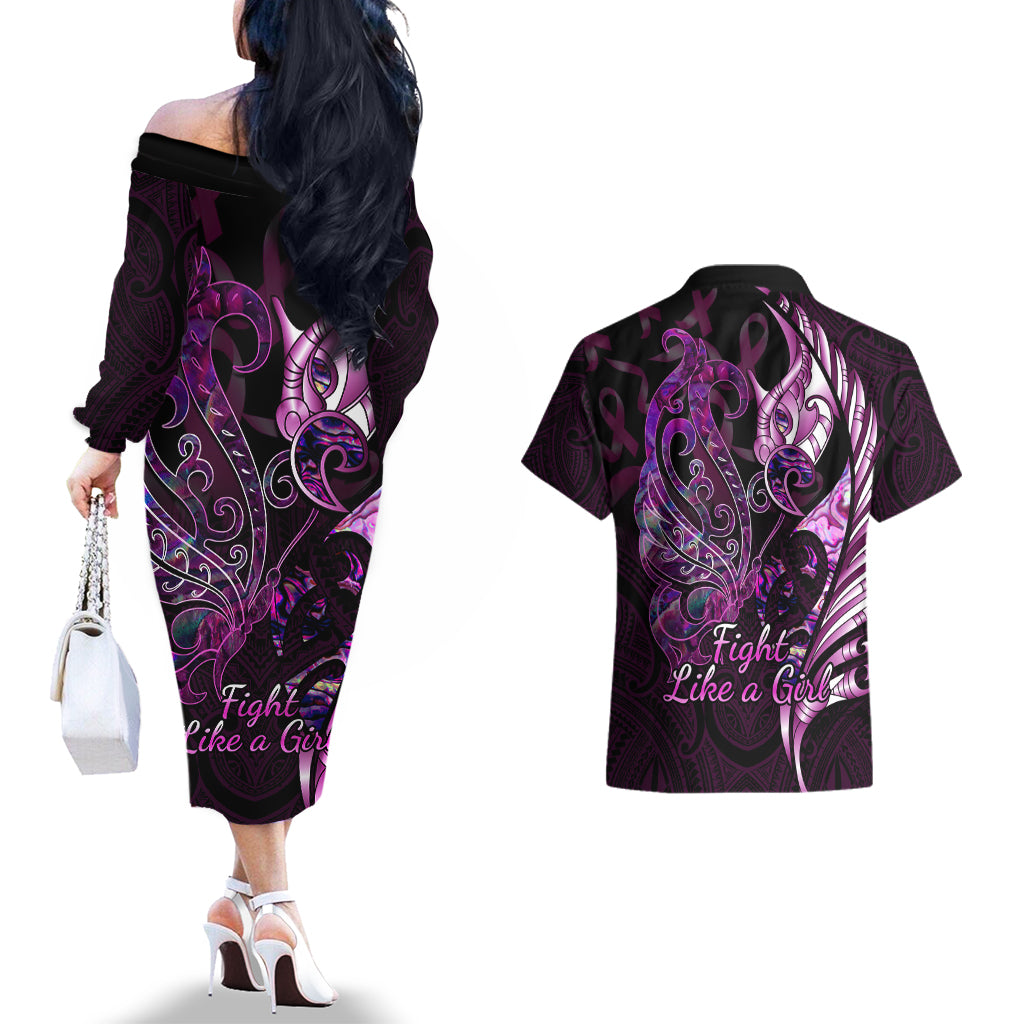 Personalised New Zealand Breast Cancer Couples Matching Off The Shoulder Long Sleeve Dress and Hawaiian Shirt Fight Like A Girl Pink Manaia Fern With Paua Shell LT14 - Polynesian Pride