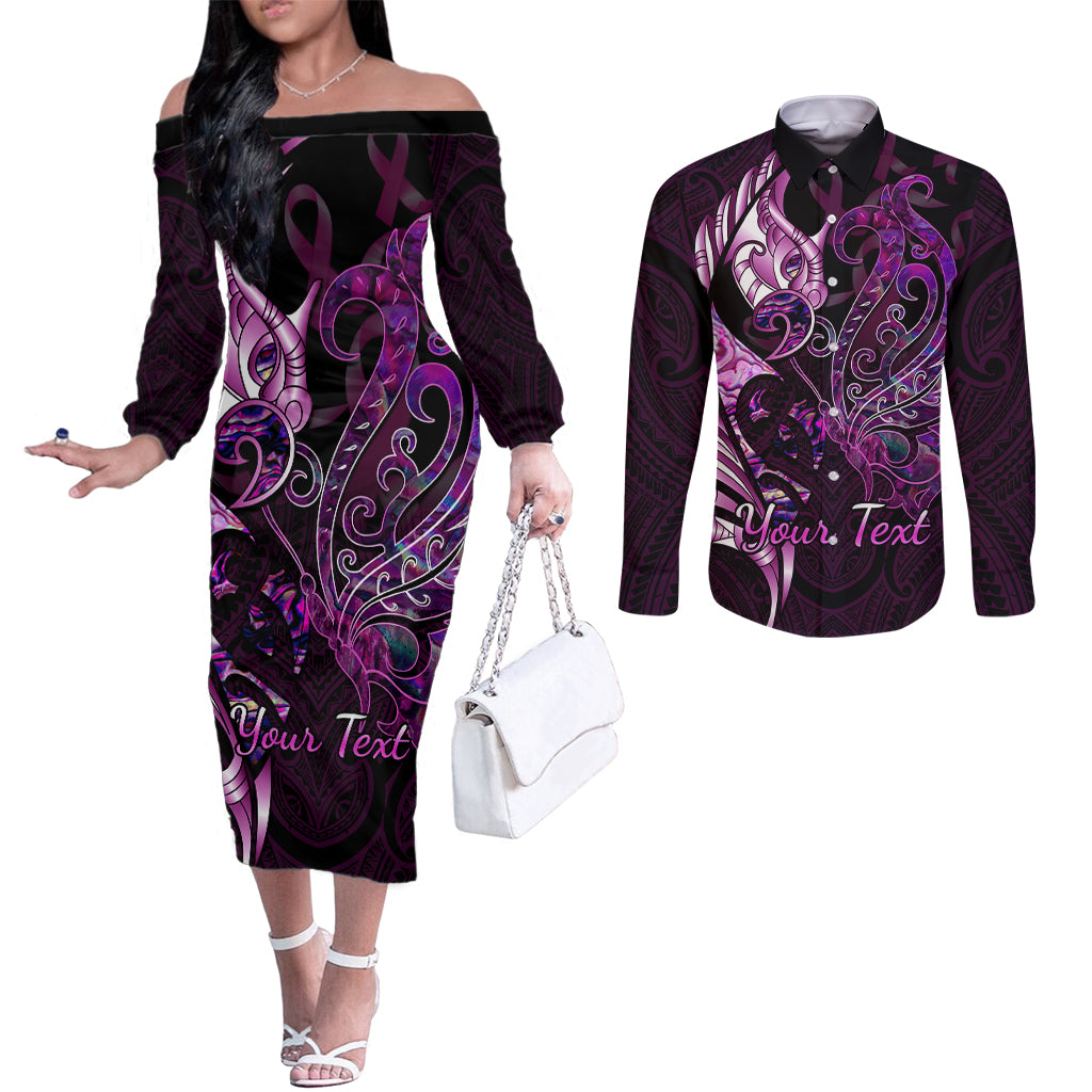 Personalised New Zealand Breast Cancer Couples Matching Off The Shoulder Long Sleeve Dress and Long Sleeve Button Shirts Fight Like A Girl Pink Manaia Fern With Paua Shell LT14 Pink - Polynesian Pride