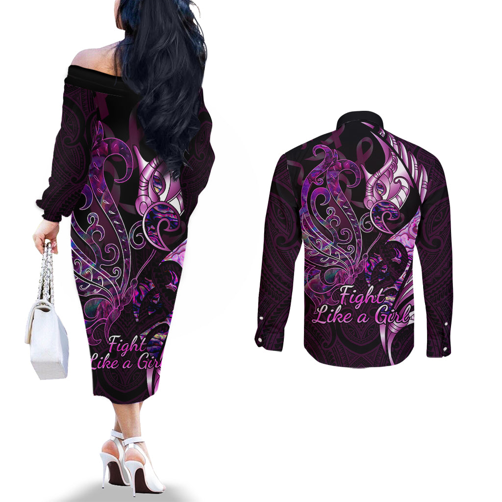 Personalised New Zealand Breast Cancer Couples Matching Off The Shoulder Long Sleeve Dress and Long Sleeve Button Shirts Fight Like A Girl Pink Manaia Fern With Paua Shell LT14 - Polynesian Pride