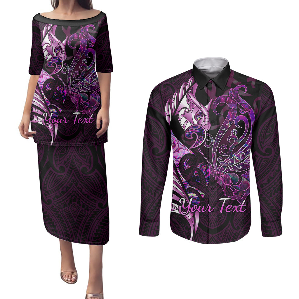 Personalised New Zealand Breast Cancer Couples Matching Puletasi Dress and Long Sleeve Button Shirts Fight Like A Girl Pink Manaia Fern With Paua Shell LT14 Pink - Polynesian Pride