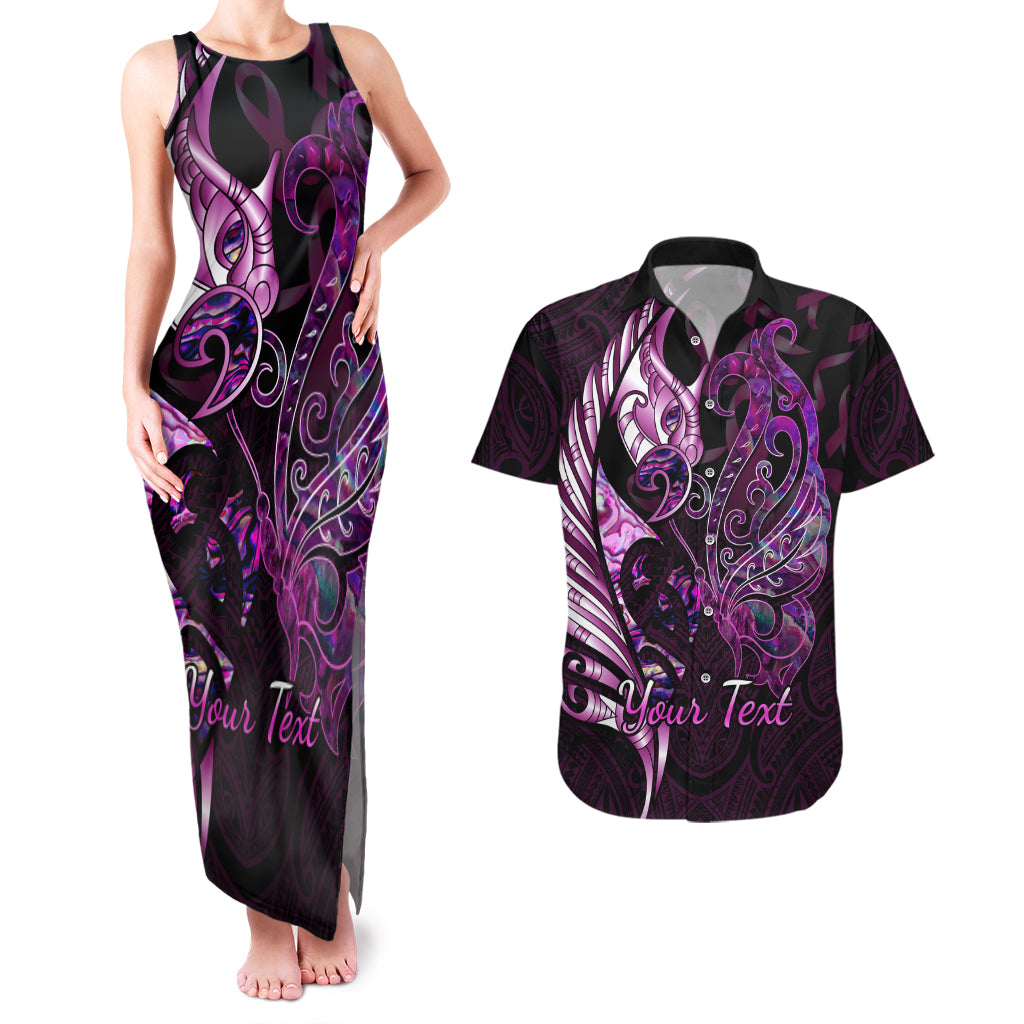 Personalised New Zealand Breast Cancer Couples Matching Tank Maxi Dress and Hawaiian Shirt Fight Like A Girl Pink Manaia Fern With Paua Shell LT14 Pink - Polynesian Pride