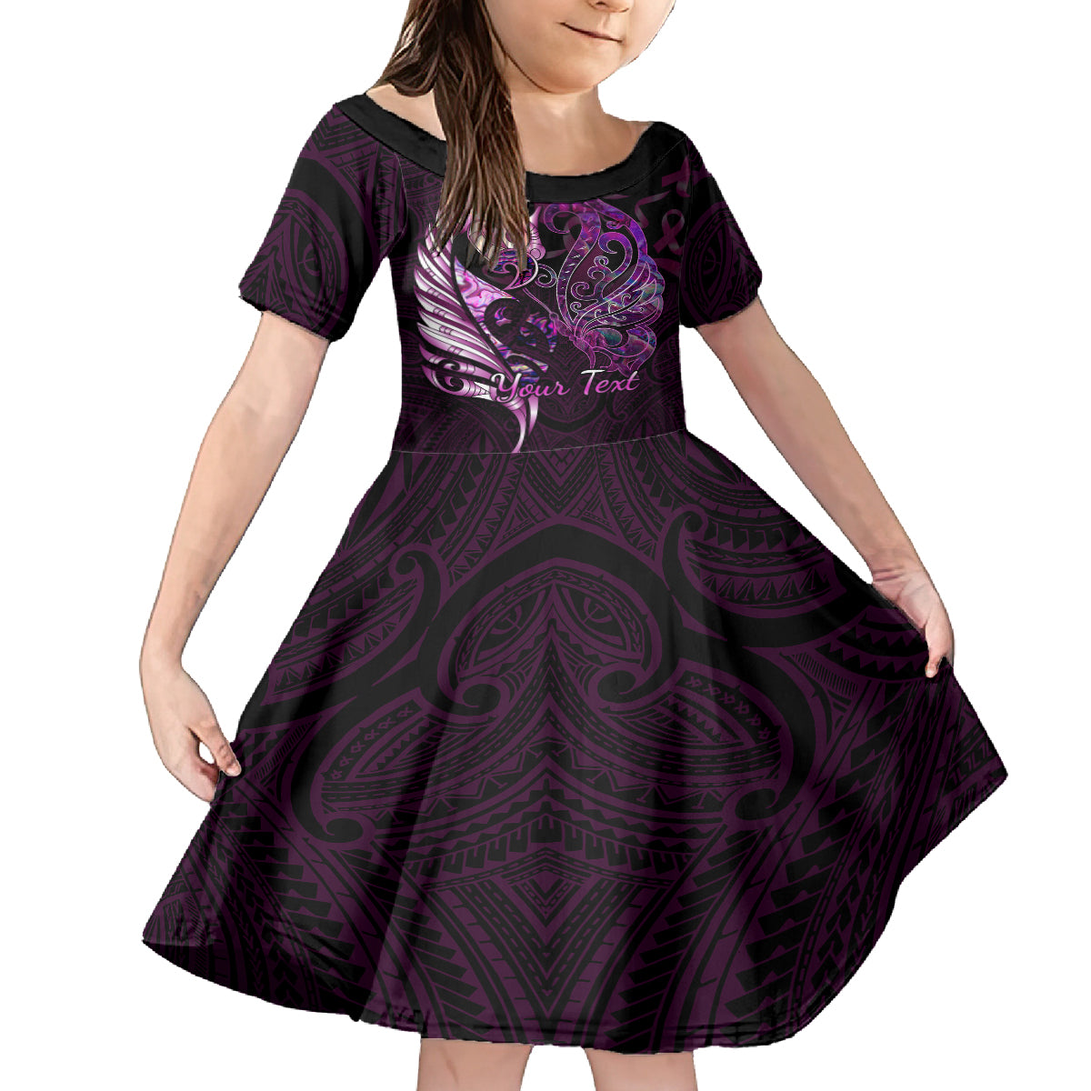 Personalised New Zealand Breast Cancer Family Matching Long Sleeve Bodycon Dress and Hawaiian Shirt Fight Like A Girl Pink Manaia Fern With Paua Shell LT14 Daughter's Dress Pink - Polynesian Pride