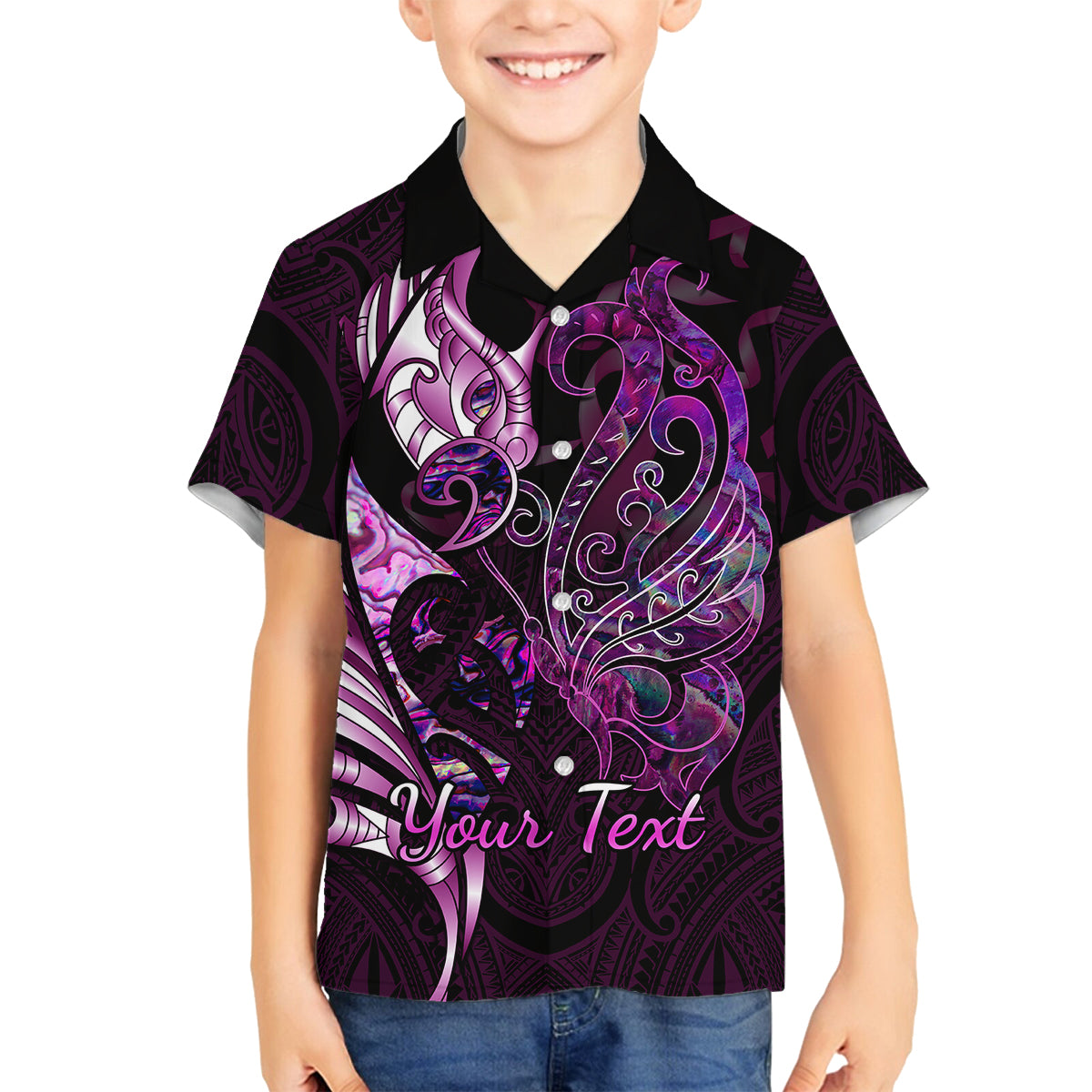 Personalised New Zealand Breast Cancer Family Matching Long Sleeve Bodycon Dress and Hawaiian Shirt Fight Like A Girl Pink Manaia Fern With Paua Shell LT14 Son's Shirt Pink - Polynesian Pride