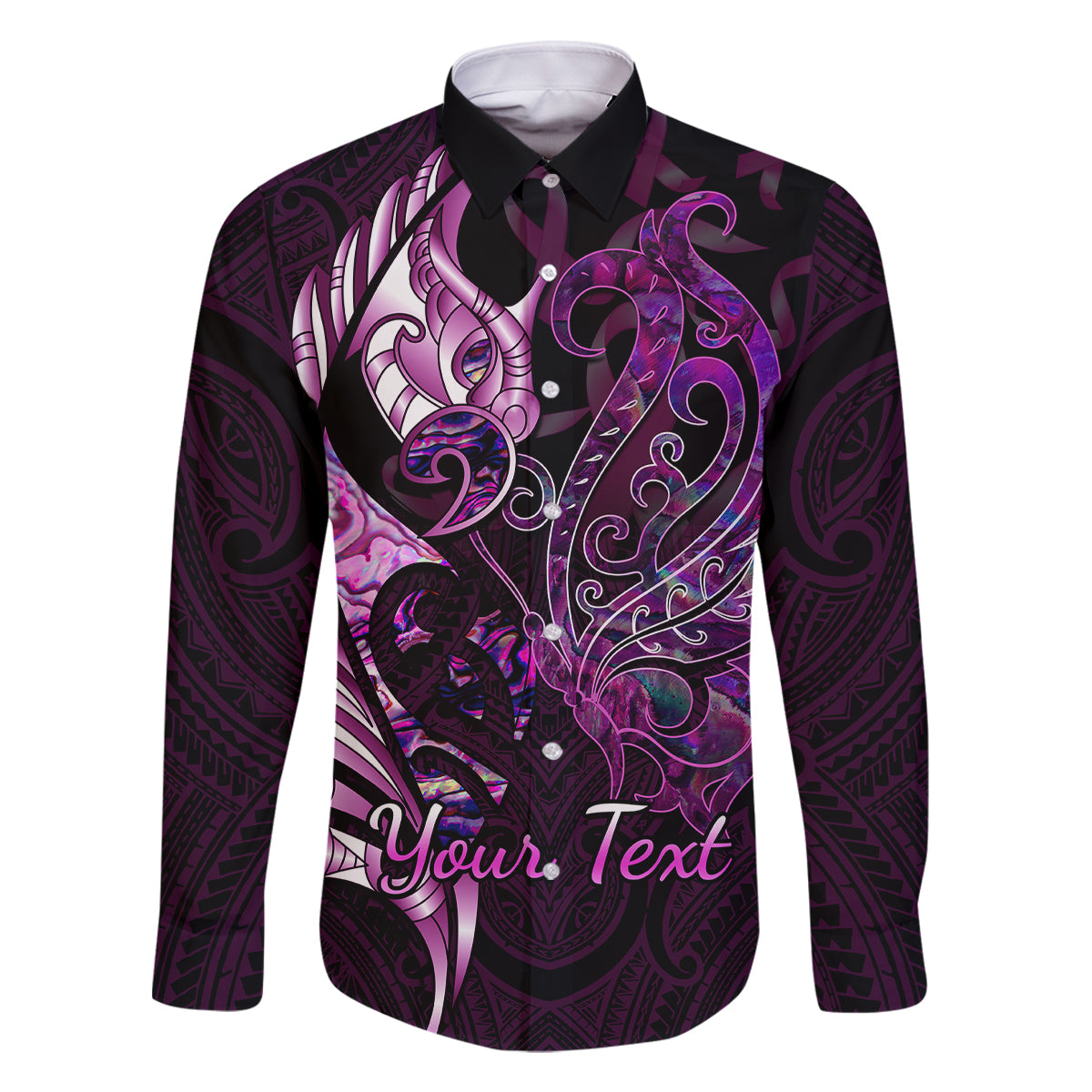 Personalised New Zealand Breast Cancer Family Matching Summer Maxi Dress and Hawaiian Shirt Fight Like A Girl Pink Manaia Fern With Paua Shell LT14 Dad's Shirt - Long Sleeve Pink - Polynesian Pride