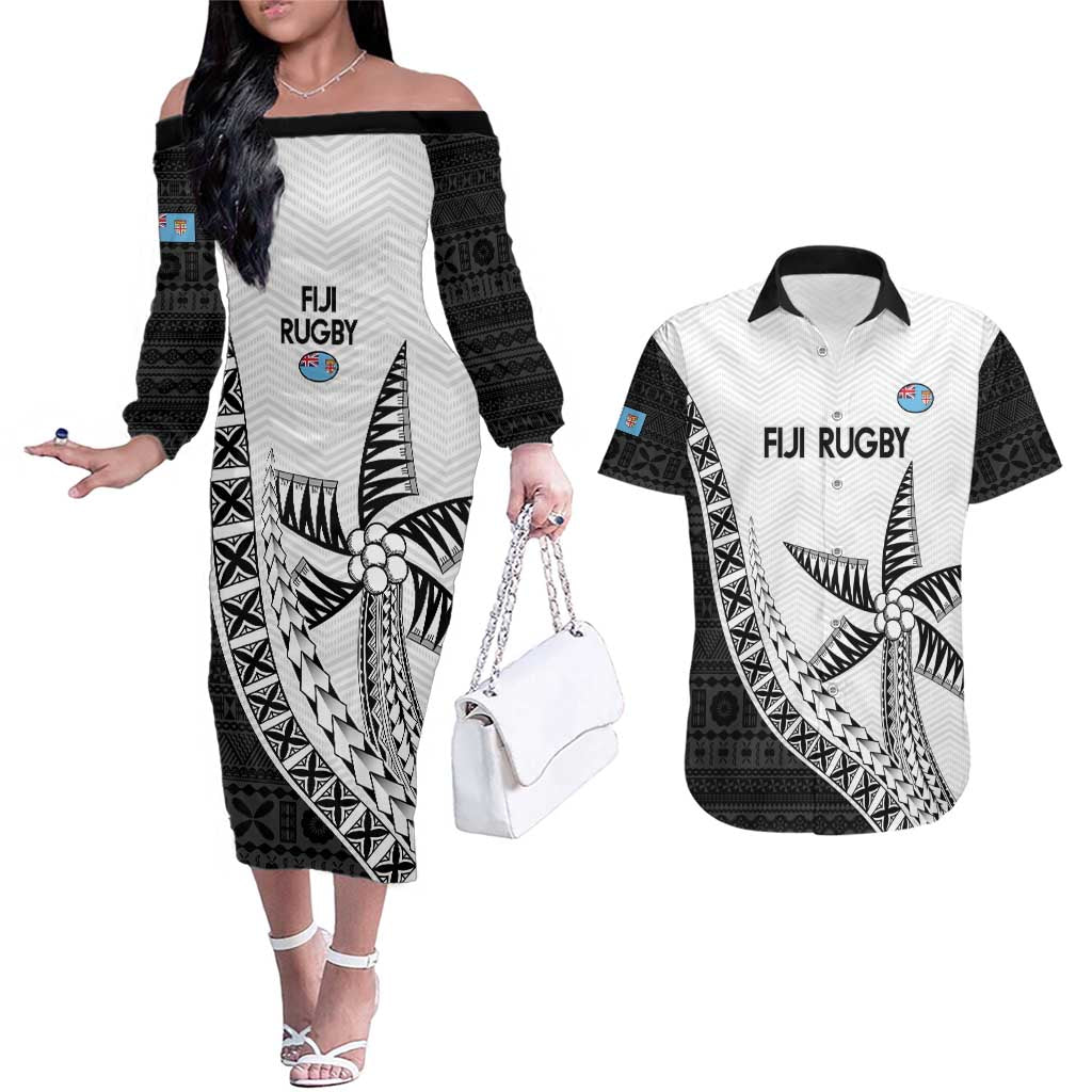 Custom Fiji Rugby Couples Matching Off The Shoulder Long Sleeve Dress and Hawaiian Shirt Go Champions Fijian Tapa Cloth