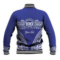 Personalised Queen Salote College Baseball Jacket Kolisi Fefine 100th Anniversary Kupesi Blue - Polynesian Pride