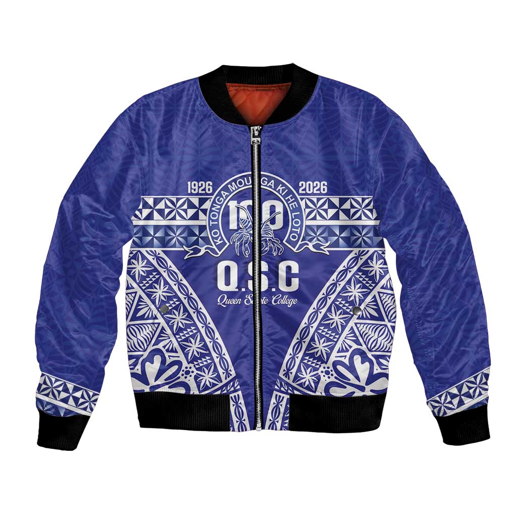 Personalised Queen Salote College Bomber Jacket Kolisi Fefine 100th Anniversary Kupesi Blue - Polynesian Pride