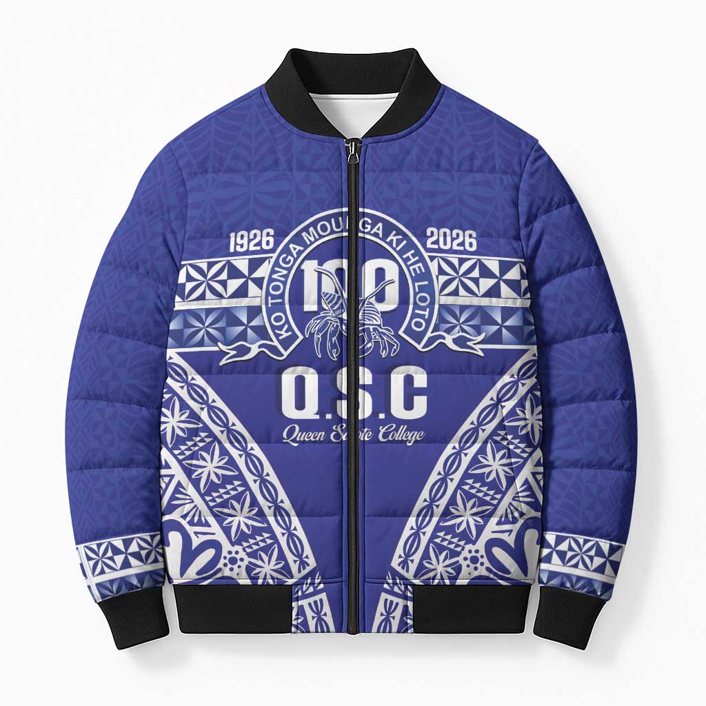 Personalised Queen Salote College Bomber Puffer Jacket Kolisi Fefine 100th Anniversary Kupesi Blue - Polynesian Pride