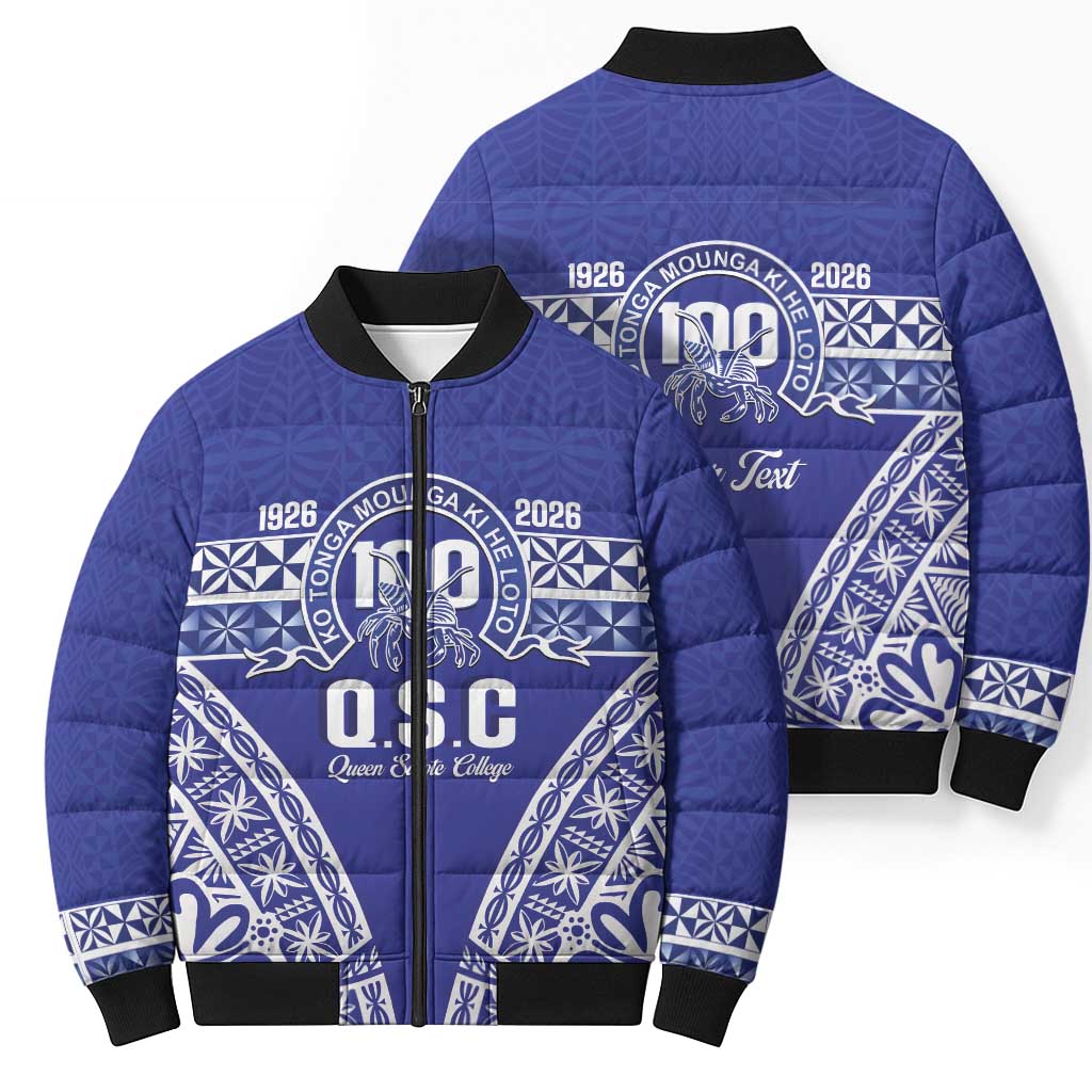 Personalised Queen Salote College Bomber Puffer Jacket Kolisi Fefine 100th Anniversary Kupesi Blue - Polynesian Pride