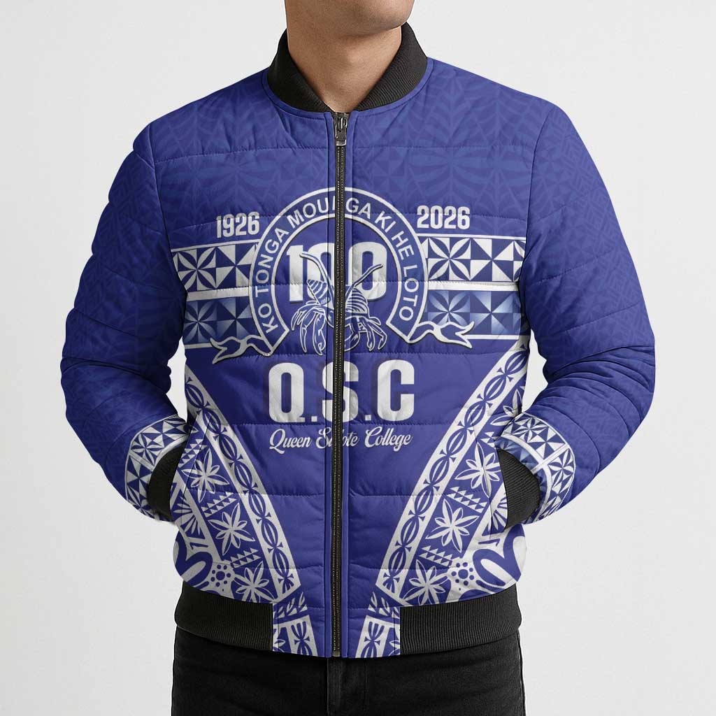 Personalised Queen Salote College Bomber Puffer Jacket Kolisi Fefine 100th Anniversary Kupesi Blue - Polynesian Pride