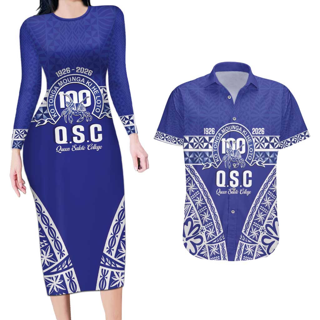 Personalised Queen Salote College Couples Matching Long Sleeve Bodycon Dress and Hawaiian Shirt Kolisi Fefine 100th Anniversary Kupesi Blue - Polynesian Pride