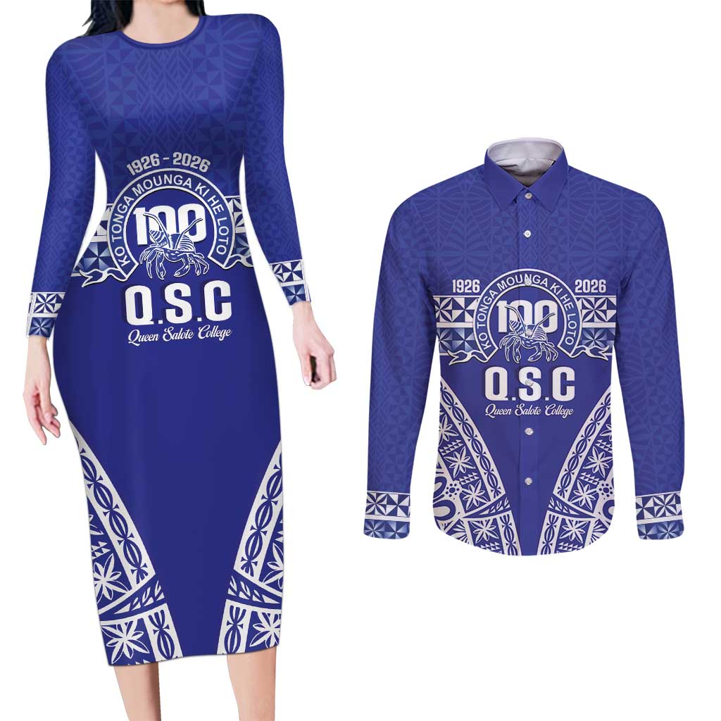 Personalised Queen Salote College Couples Matching Long Sleeve Bodycon Dress and Long Sleeve Button Shirt Kolisi Fefine 100th Anniversary Kupesi Blue - Polynesian Pride