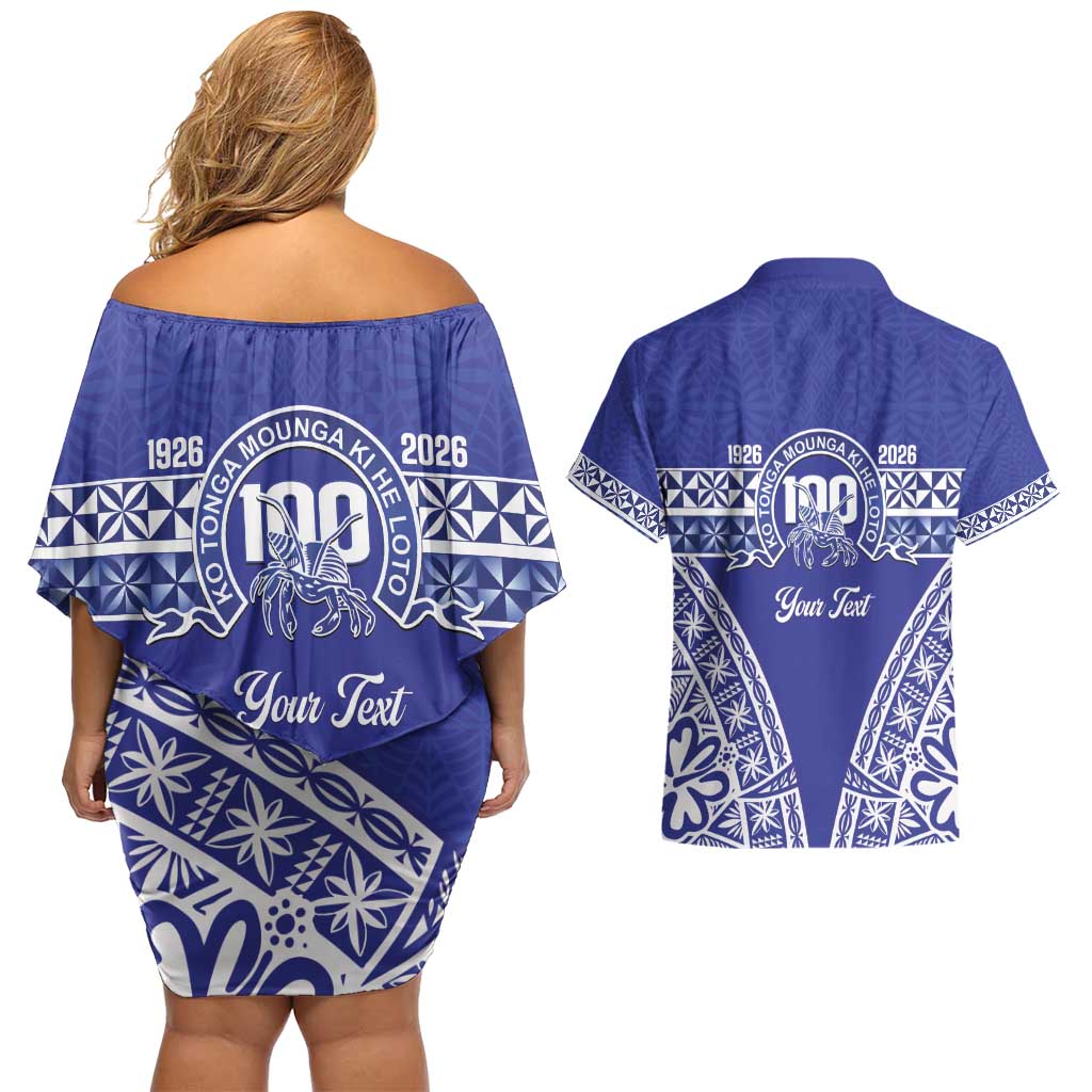 Personalised Queen Salote College Couples Matching Off Shoulder Short Dress and Hawaiian Shirt Kolisi Fefine 100th Anniversary Kupesi Blue - Polynesian Pride