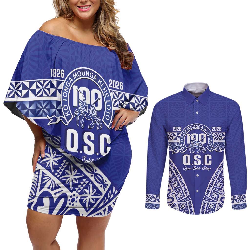 Personalised Queen Salote College Couples Matching Off Shoulder Short Dress and Long Sleeve Button Shirt Kolisi Fefine 100th Anniversary Kupesi Blue - Polynesian Pride
