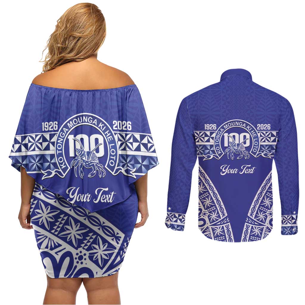 Personalised Queen Salote College Couples Matching Off Shoulder Short Dress and Long Sleeve Button Shirt Kolisi Fefine 100th Anniversary Kupesi Blue - Polynesian Pride