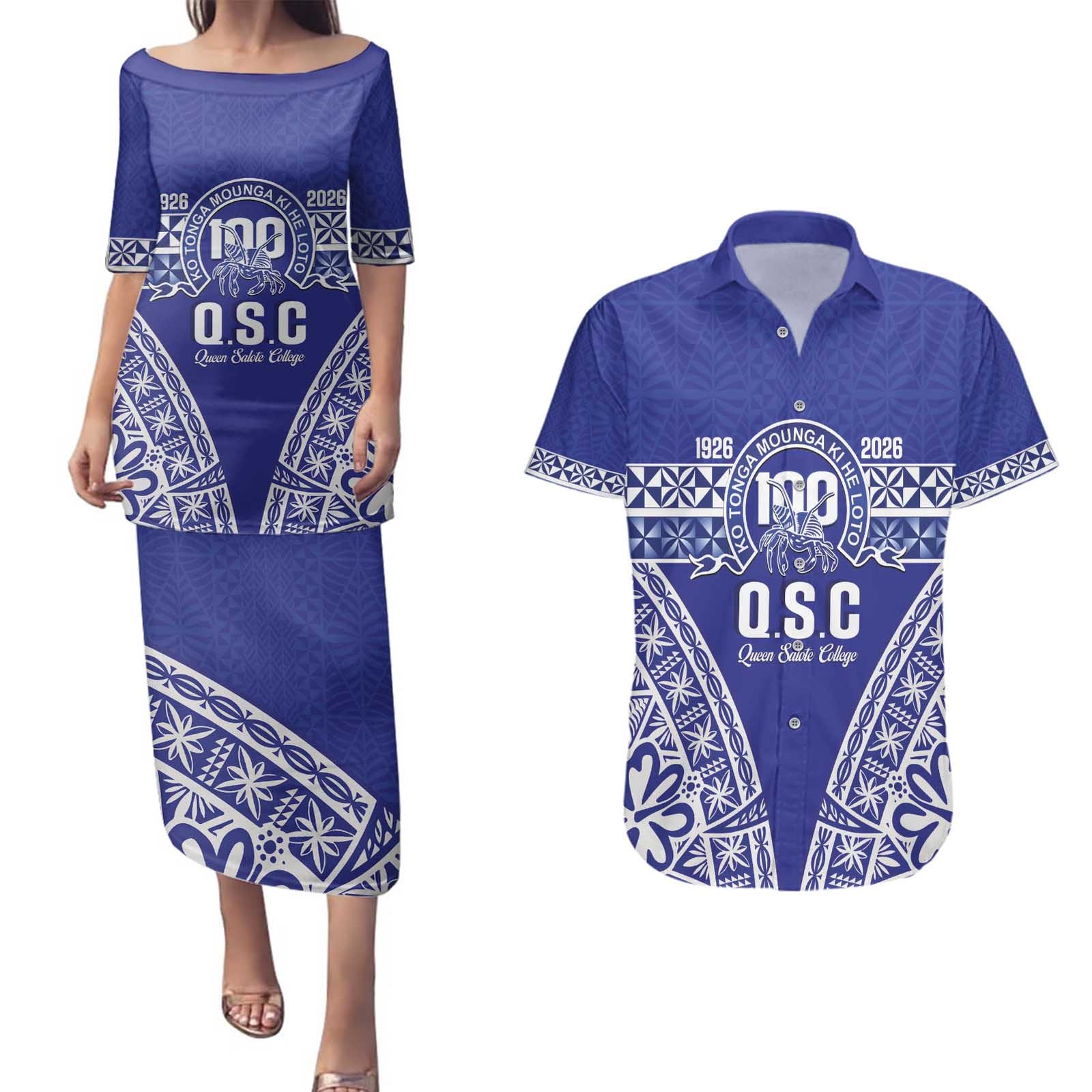Personalised Queen Salote College Couples Matching Puletasi and Hawaiian Shirt Kolisi Fefine 100th Anniversary Kupesi Blue - Polynesian Pride