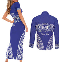 Personalised Queen Salote College Couples Matching Short Sleeve Bodycon Dress and Long Sleeve Button Shirt Kolisi Fefine 100th Anniversary Kupesi Blue - Polynesian Pride