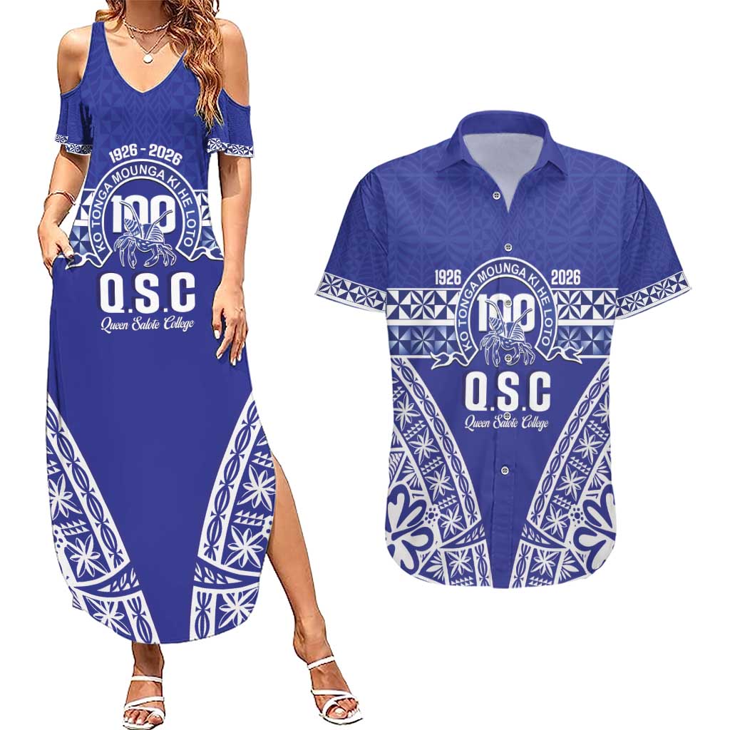 Personalised Queen Salote College Couples Matching Summer Maxi Dress and Hawaiian Shirt Kolisi Fefine 100th Anniversary Kupesi Blue - Polynesian Pride