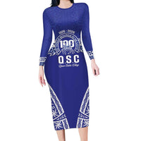 Personalised Queen Salote College Family Matching Long Sleeve Bodycon Dress and Hawaiian Shirt Kolisi Fefine 100th Anniversary Kupesi Blue - Polynesian Pride