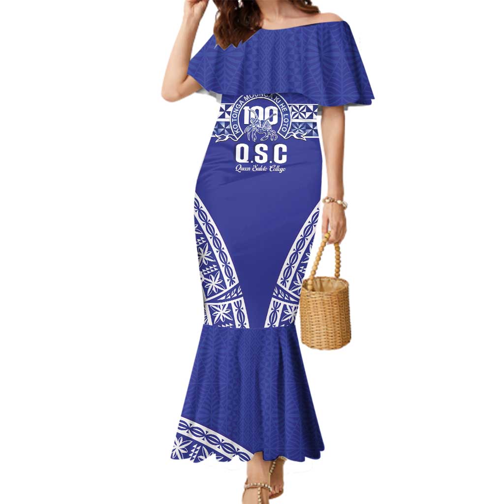 Personalised Queen Salote College Family Matching Mermaid Dress and Hawaiian Shirt Kolisi Fefine 100th Anniversary Kupesi Blue - Polynesian Pride