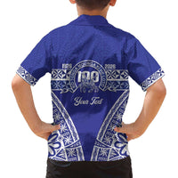 Personalised Queen Salote College Family Matching Off The Shoulder Long Sleeve Dress and Hawaiian Shirt Kolisi Fefine 100th Anniversary Kupesi Blue - Polynesian Pride