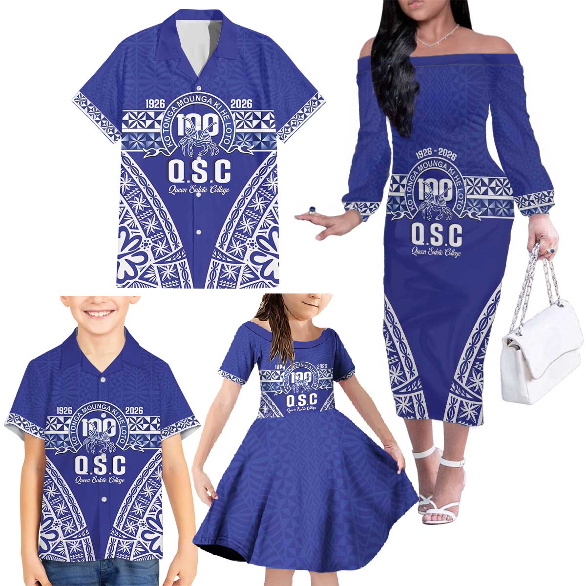 Personalised Queen Salote College Family Matching Off The Shoulder Long Sleeve Dress and Hawaiian Shirt Kolisi Fefine 100th Anniversary Kupesi Blue - Polynesian Pride
