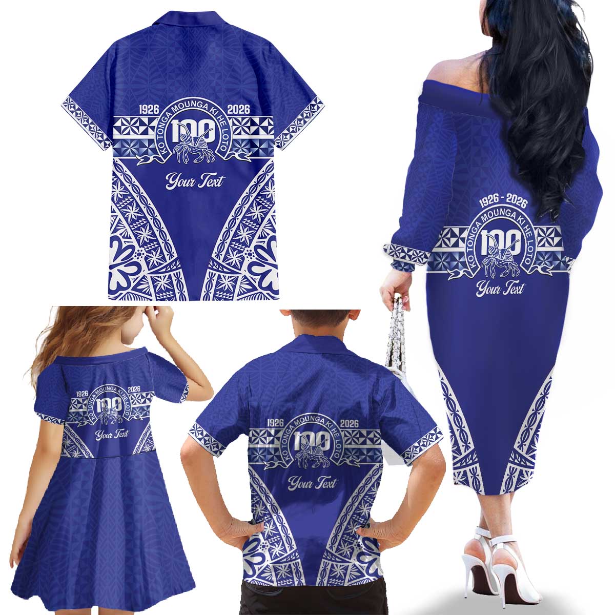 Personalised Queen Salote College Family Matching Off The Shoulder Long Sleeve Dress and Hawaiian Shirt Kolisi Fefine 100th Anniversary Kupesi Blue - Polynesian Pride