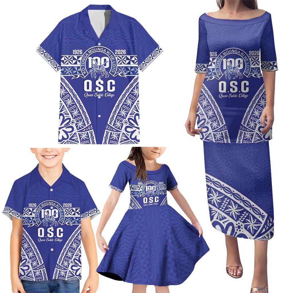 Personalised Queen Salote College Family Matching Puletasi and Hawaiian Shirt Kolisi Fefine 100th Anniversary Kupesi Blue - Polynesian Pride