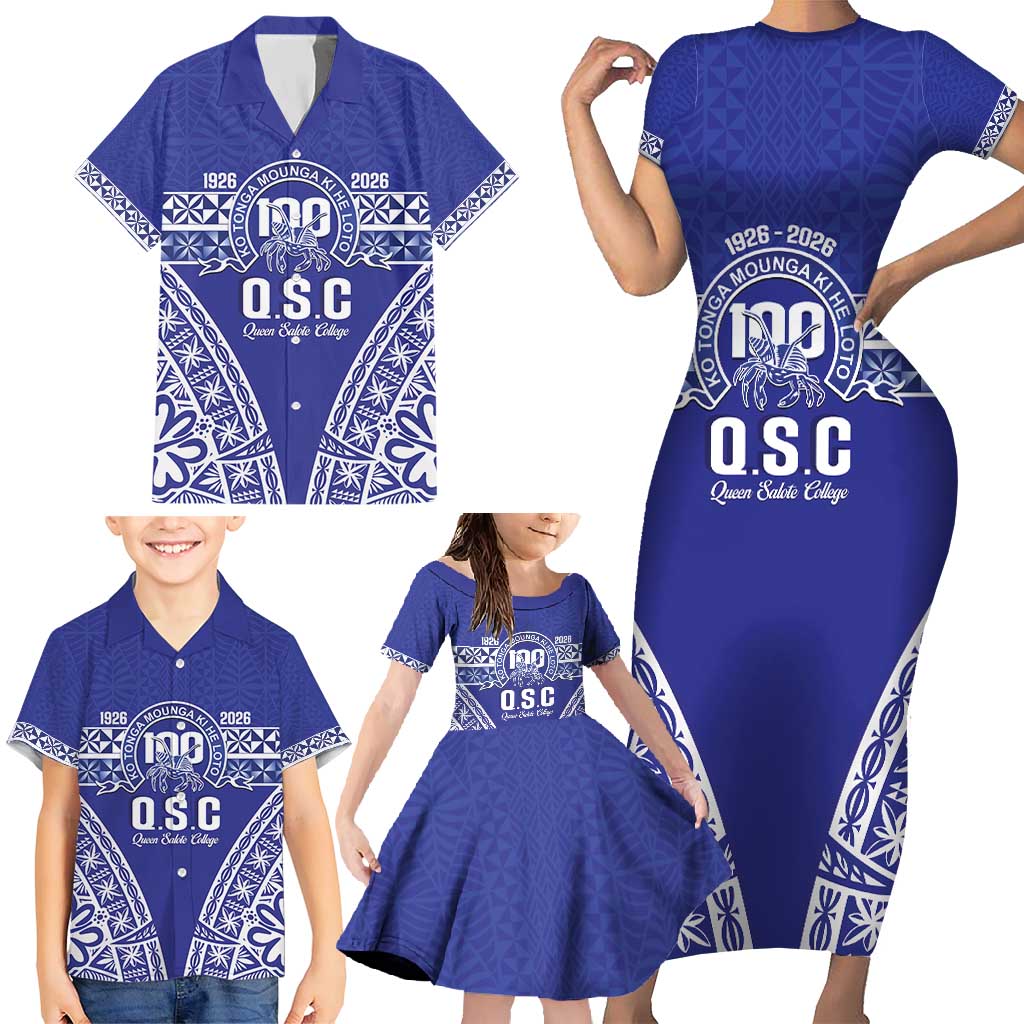 Personalised Queen Salote College Family Matching Short Sleeve Bodycon Dress and Hawaiian Shirt Kolisi Fefine 100th Anniversary Kupesi Blue - Polynesian Pride