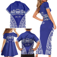 Personalised Queen Salote College Family Matching Short Sleeve Bodycon Dress and Hawaiian Shirt Kolisi Fefine 100th Anniversary Kupesi Blue - Polynesian Pride
