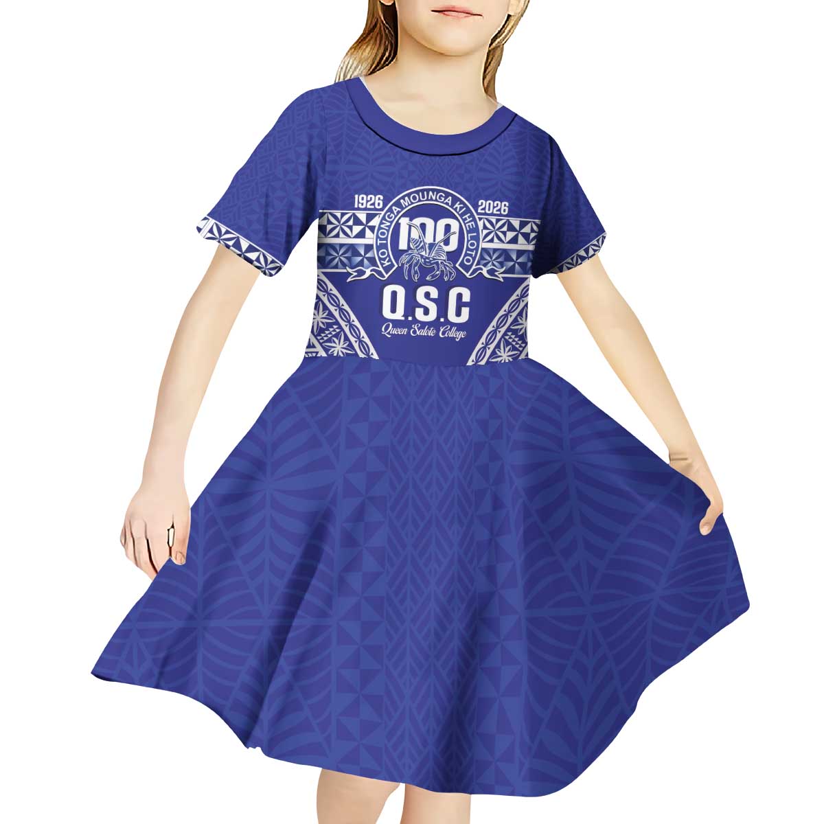Personalised Queen Salote College Kid Short Sleeve Dress Kolisi Fefine 100th Anniversary Kupesi Blue - Polynesian Pride