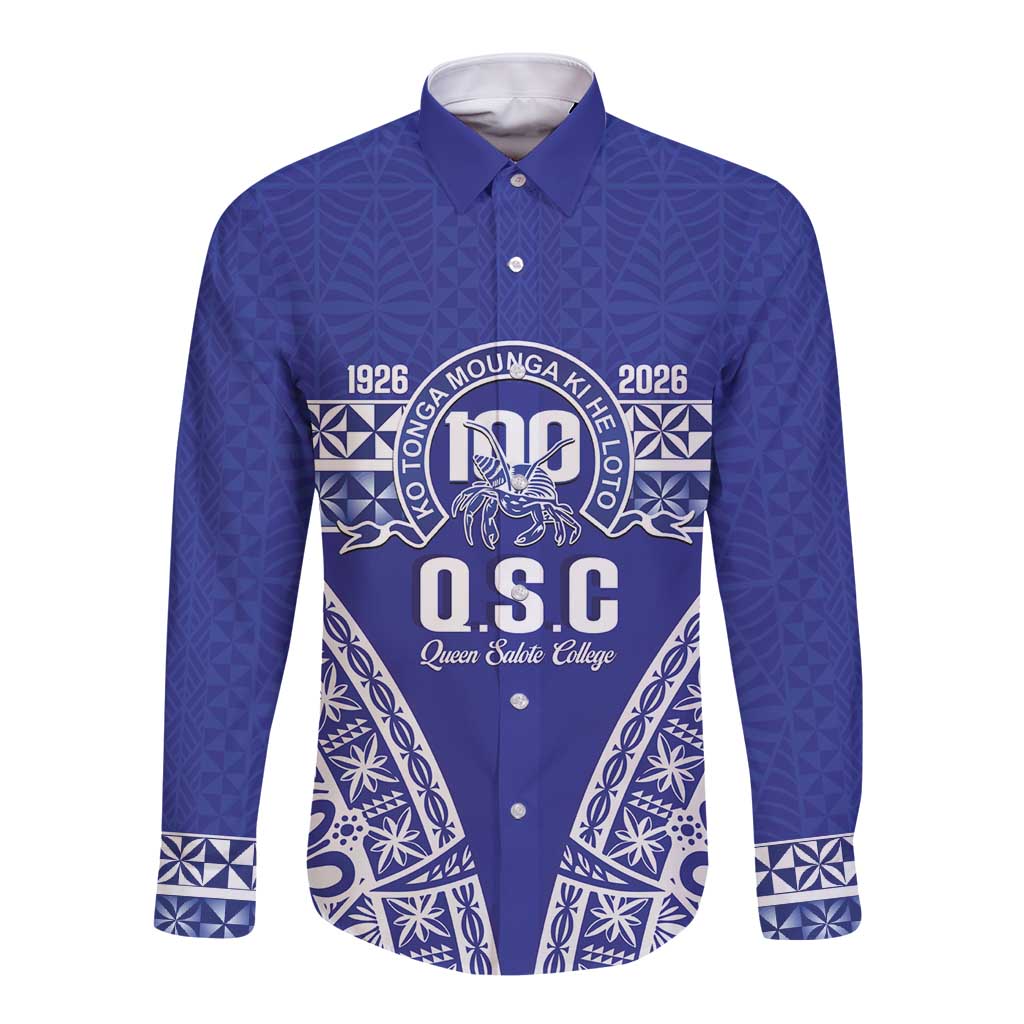Personalised Queen Salote College Long Sleeve Button Shirt Kolisi Fefine 100th Anniversary Kupesi Blue - Polynesian Pride