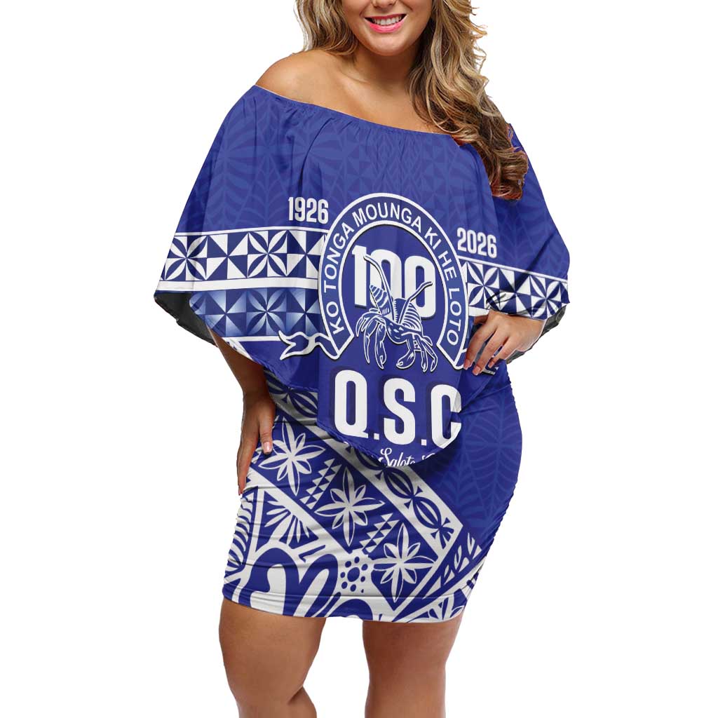 Personalised Queen Salote College Off Shoulder Short Dress Kolisi Fefine 100th Anniversary Kupesi Blue - Polynesian Pride