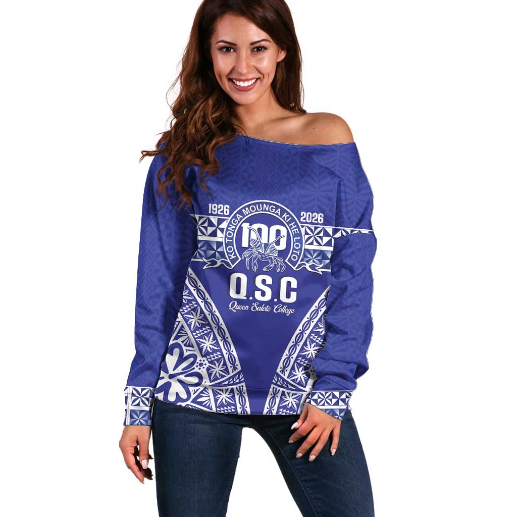 Personalised Queen Salote College Off Shoulder Sweater Kolisi Fefine 100th Anniversary Kupesi Blue - Polynesian Pride