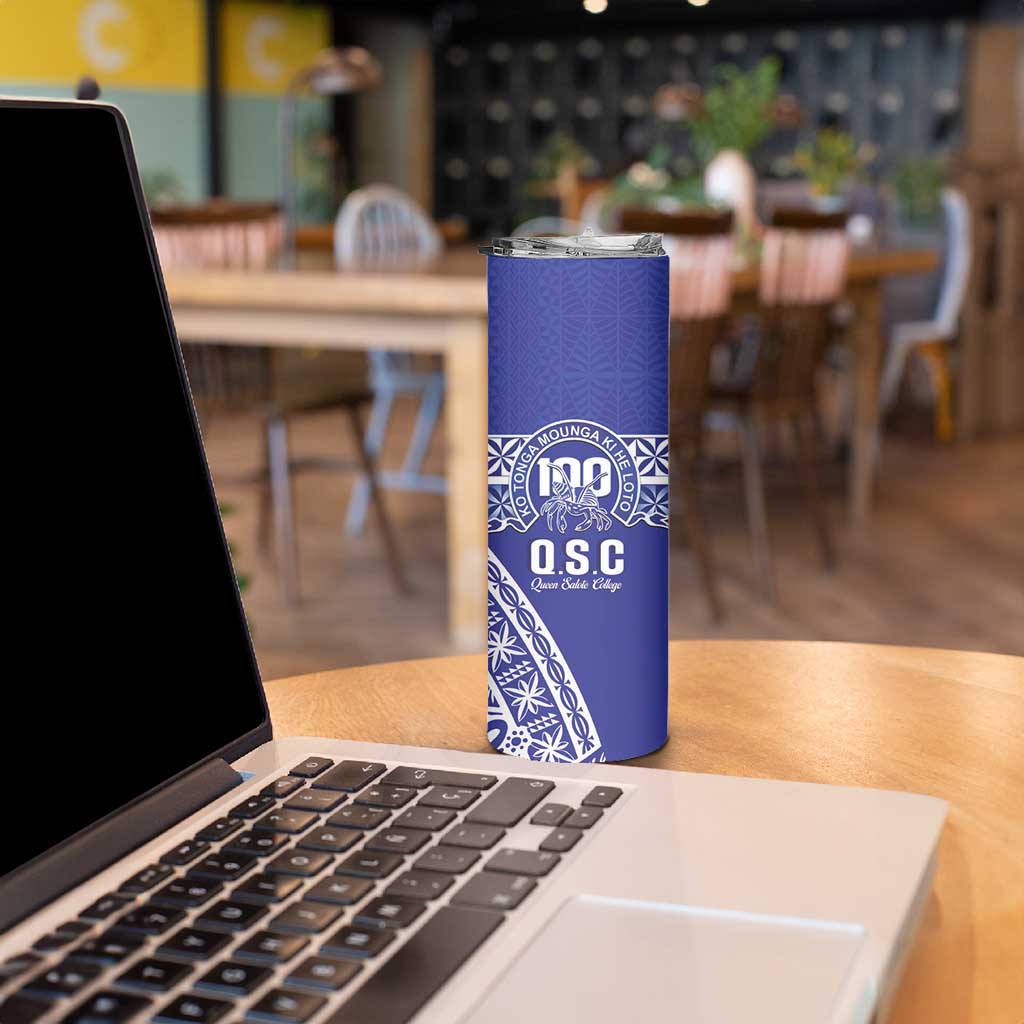 Personalised Queen Salote College Skinny Tumbler Kolisi Fefine 100th Anniversary Kupesi Blue - Polynesian Pride