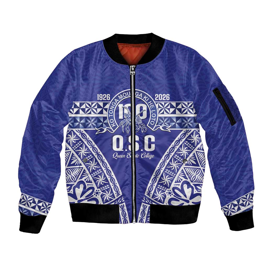 Personalised Queen Salote College Sleeve Zip Bomber Jacket Kolisi Fefine 100th Anniversary Kupesi Blue - Polynesian Pride