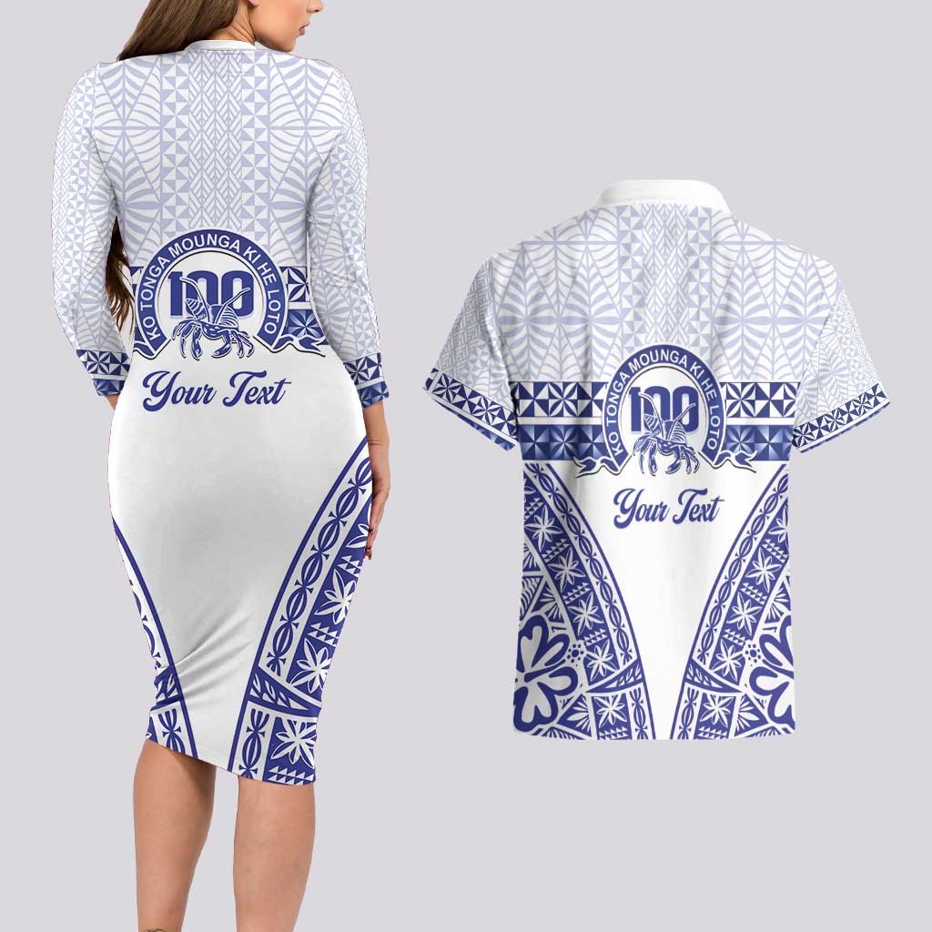 Personalised Queen Salote College Couples Matching Long Sleeve Bodycon Dress and Hawaiian Shirt Kolisi Fefine 100th Anniversary Kupesi White - Polynesian Pride