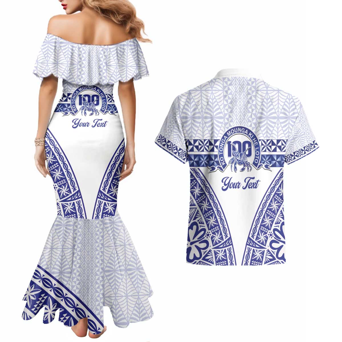 Personalised Queen Salote College Couples Matching Mermaid Dress and Hawaiian Shirt Kolisi Fefine 100th Anniversary Kupesi White - Polynesian Pride