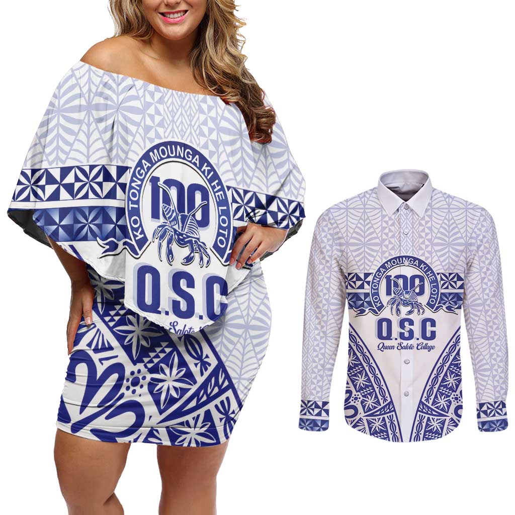 Personalised Queen Salote College Couples Matching Off Shoulder Short Dress and Long Sleeve Button Shirt Kolisi Fefine 100th Anniversary Kupesi White - Polynesian Pride