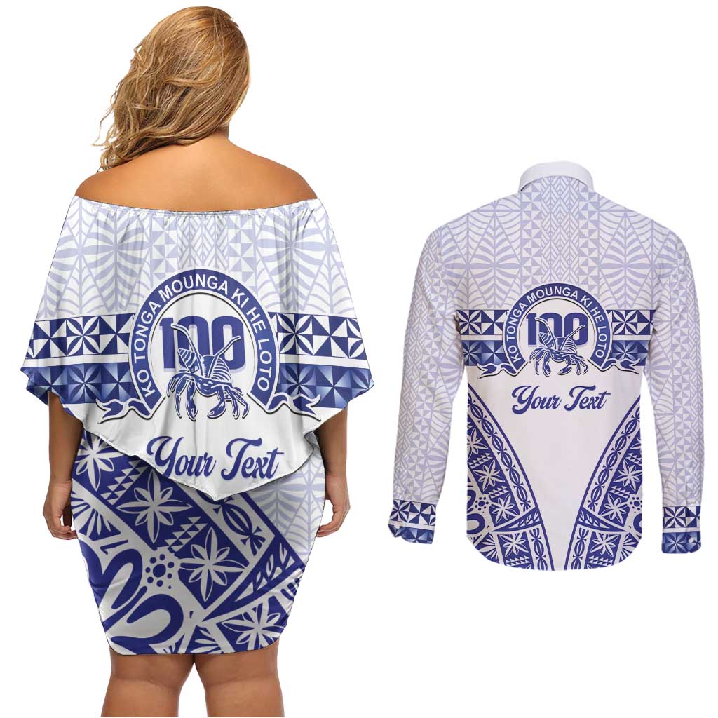 Personalised Queen Salote College Couples Matching Off Shoulder Short Dress and Long Sleeve Button Shirt Kolisi Fefine 100th Anniversary Kupesi White - Polynesian Pride